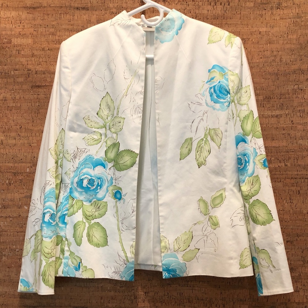 Austin Reed White/Turquoise/Green Floral Open Front Jacket - Size 12